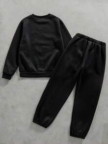 Coolqubz 2件套青少年圆领仿牛仔星星印花休闲运动衫和运动裤套装，美式街头风格，秋冬 - 黑色 - 查看 2