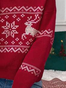 Chiquease Christmas Reindeer Pattern Round Neck Drop Shoulder Knitted Sweater - Red - View 4