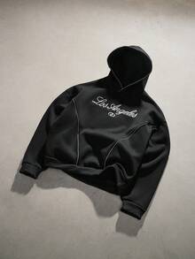 AXEPEAK 男士字母刺绣休闲宽松连帽卫衣 - 黑色 - 查看 8