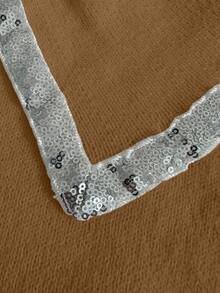 Franclia Áo len chui đầu màu trơn dáng ôm, tay dài cổ đính sequin thanh lịch dành cho nữ, cỡ lớn, mùa thu/đông - Rỉ Nâu - Xem 4