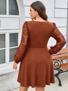 EMERY ROSE 大码女式纯色网纱刺绣拼接针织毛绒罗纹圆领长袖A字休闲短裙 - 棕色 - 查看 2