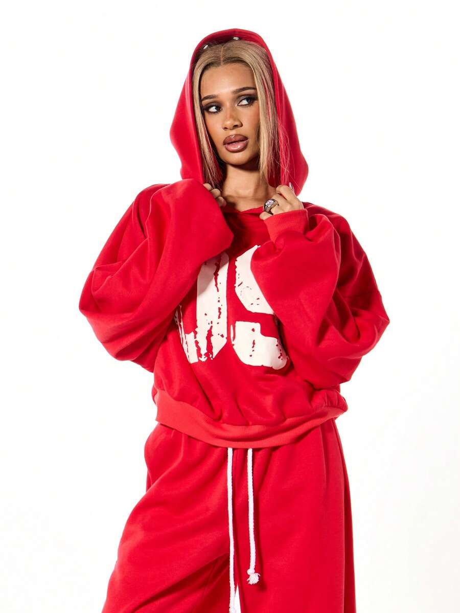 SUMWON WOMEN Áo hoodie hộp màu đỏ cỡ lớn có họa tiết hiệu ứng nứt màu trắng cổ điển, chi tiết lỗ kim loại, mũ trùm đầu, tay dài - Đỏ - Xem 1