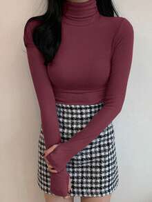 DAZY Áo thun nữ tay dài cổ lọ bó sát màu trơn, dáng rộng, mùa thu - Màu đỏ tím - Xem 3