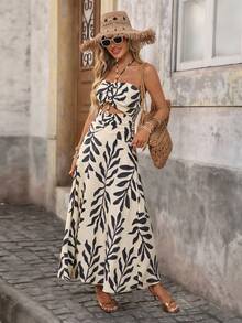 Brillora Váy yếm xếp ly in họa tiết cây xanh dành cho nữ đi nghỉ mát - Màu be - Xem 5