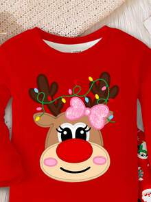 SHEIN Conjunto de pijama de top de manga larga y pantalones de ajuste cómodo y minimalista casual con diseño de reno, campana, bastón de caramelo, copo de nieve, hombre de jengibre y pingüino de Navidad en rojo festivo, adecuado para otoño/invierno, para niña bebé - Multicolor - Ver 5