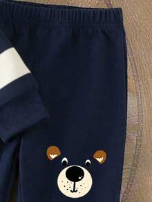 GraphicGems 2pcs/Set Baby Boy Casual Fashionable Outfit, Includes Striped Bear Graphic Sweatshirt And Matching Sweatpants, Comfortable And Versatile For Autumn/Winter/Spring