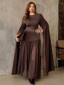 Flirla Váy dài tay ôm sát cỡ lớn có viền lưới vá hình nàng tiên cá, dành cho tiệc tùng - màu nâu - Xem 6