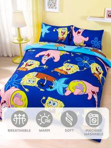 SpongeBob SquarePants | SHEIN 3pc Marine Animal Cartoon Print Quilt Set, Sanded Material, Soft And Warm, Blue Quilt Cover, Double-Sided Pattern, Multiple Sizes, Suitable For Single Bed/Double Bed/King Bed/King Bed,Gift Ideas - Blue - View 12