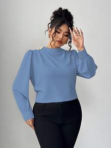 Elenzga Blusa de mujer talla grande con cuello con volantes, decoración de botones metálicos y mangas farol, elegante y adecuada para el trabajo, primavera/otoño - Azul - Ver 6