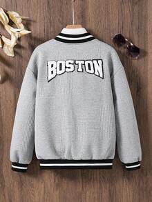 SHEIN Vacaura Tween Boy Casual Textured Fabric Patchwork Letter Varsity Jacket, Spring/Autumn