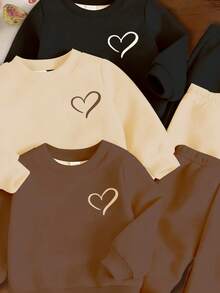 SHEIN Baby Girl Vintage Cute Heart Print Sweatshirt And Pants Set,Soft Knit Loose Crew Neck Outfit,Family Matching Autumn Brown Black Khaki Merlot Clothes - Multicolor - View 5