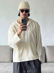 HUEFORM Men's Casual Solid Color Minimalist Pocket V-Neck Hoodie,Knitted Textured Stretch Fabric Comfortable To Wear For Men Winter - Apricot - View 1