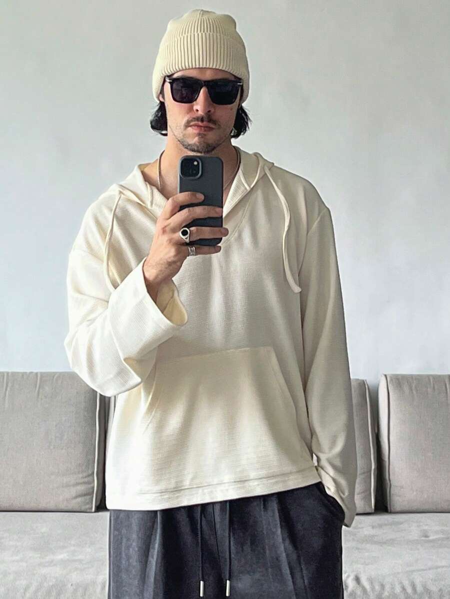 HUEFORM Men's Casual Solid Color Minimalist Pocket V-Neck Hoodie,Knitted Textured Stretch Fabric Comfortable To Wear For Men Winter - Apricot - View 1