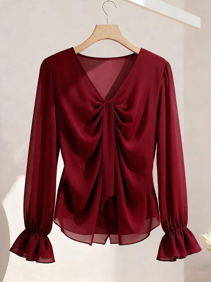 Franclia New Minimalist Design Long Sleeve Slim Fit Women Shirt - Burgundy - View 1