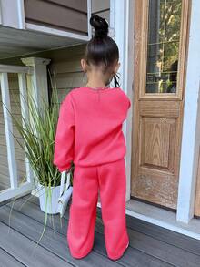 Young Girl Casual Heart Print Knit Solid Color Loose Drop Shoulder Long Sleeve Sweatshirt And Wide Leg Sweatpants Set Sweats For Girls Young Girls Girl 2 Piece Sets