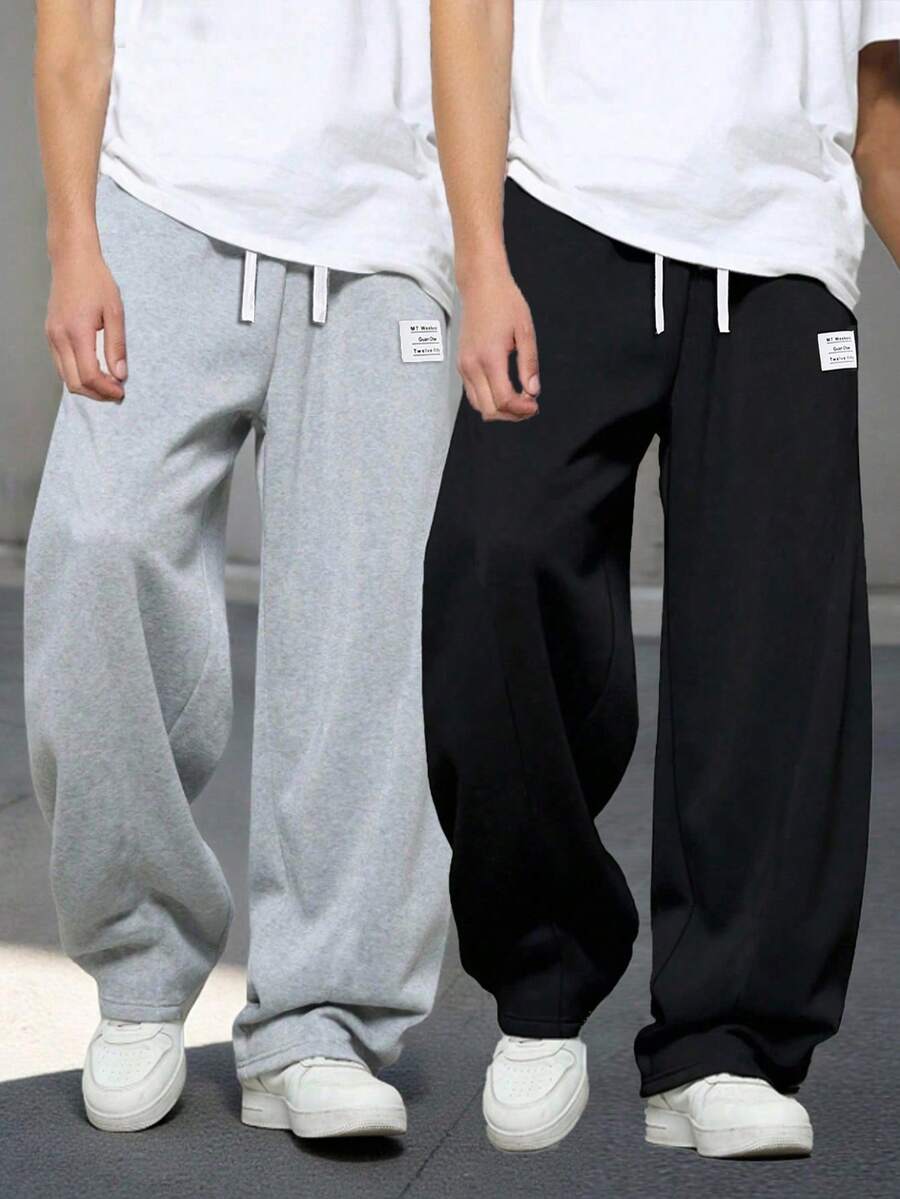 2 条装 Vacaura Boy 简约休闲时尚运动黑灰色羊毛直筒运动裤，适合春秋冬季