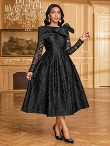 SHEIN Lady 女士时尚优雅浪漫蝴蝶结蕾丝长袖中长连衣裙 - 黑色 - 查看 4