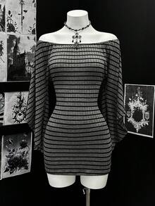 EgrlEra Damen Retro Dunkel Punk Sexy gestreiftes Strick-Minikleid