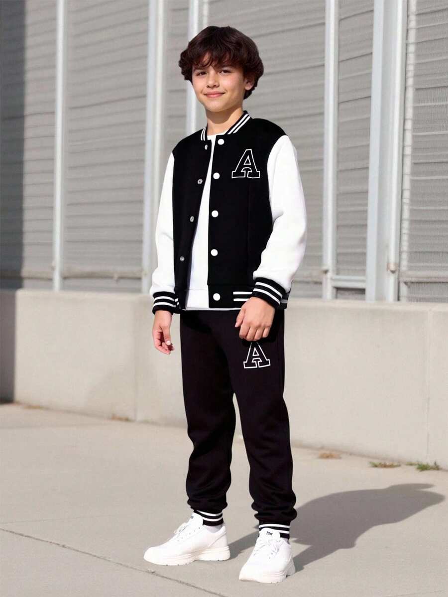 SHEIN Vacaura Tween Boy Letter Patched Striped Trim Varsity Jacket & Sweatpants Without Tee Chic Outfits For Autumn/Winter - Black - View 1