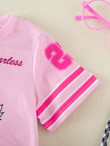 SHEIN 2pcs/Set Young Girls Pink College Letter Print Top + Pleated Skirt