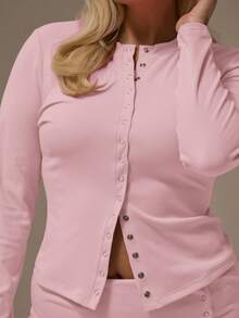 MUSERA Plus Fitted Long Sleeve Popper Through Top  Autum   Curve - Pink - View 2