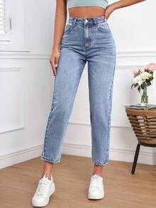 Flexra 女士高腰带口袋休闲百搭锥形七分牛仔裤 - 淺色水洗藍 - 查看 6