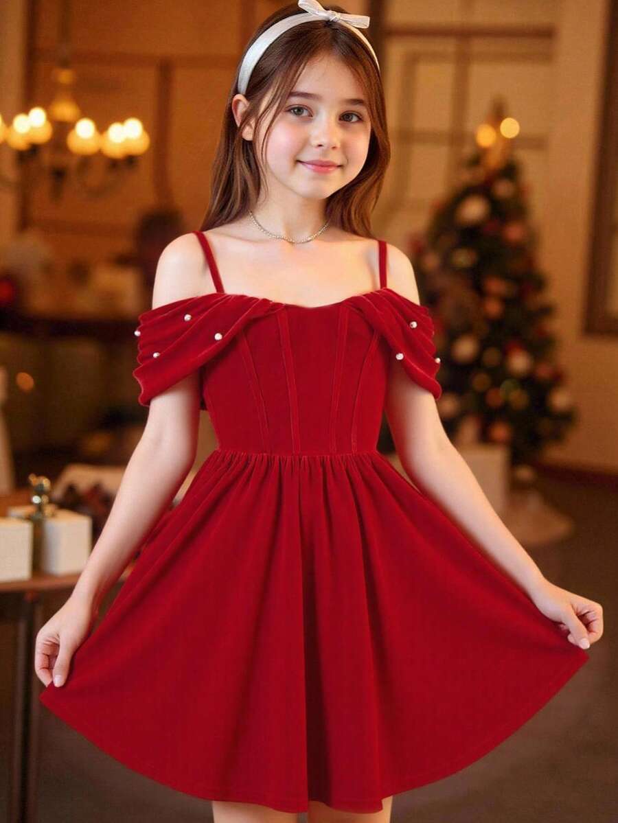 Pitira Tween Girls Elegant Velvet Off Shoulder Beaded Bustier Waist Cinched Ruffle Dress, Red Christmas Party Dress, Suitable For Spring Festival, Sunray Ruched - Red - View 1