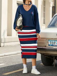 Zelara 两件套加大码锚形刺绣上衣和条纹撞色连衣裙套装 - 彩色 - 查看 5