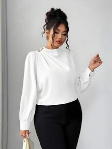 Elenzga Plus Size Elegant Pleated Collar Long Sleeve Shirt - White - View 6