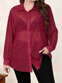 SHEIN Clasi 大码女士时尚性感半透明纽扣长袖衬衫 - 紅色 - 查看 5