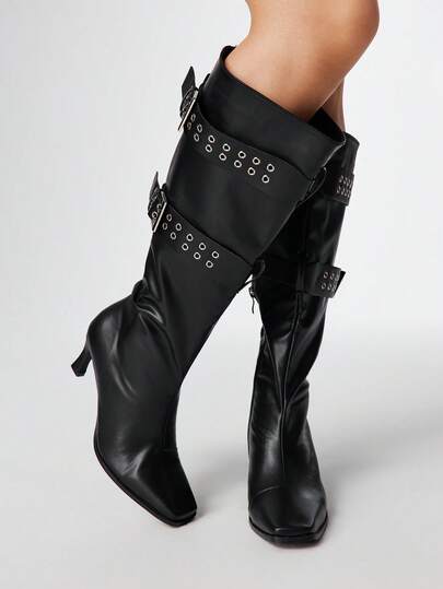 Grunge Punk Women's Double-Breasted Decor Stiletto Heel Square Toe Over-The-Knee Boots