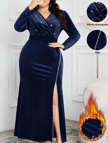 Modelyn Vestido elegante de manga larga con cuello en V, decoración de rhinestones y abertura lateral para mujer de talla grande - Azul Marino - Ver 1
