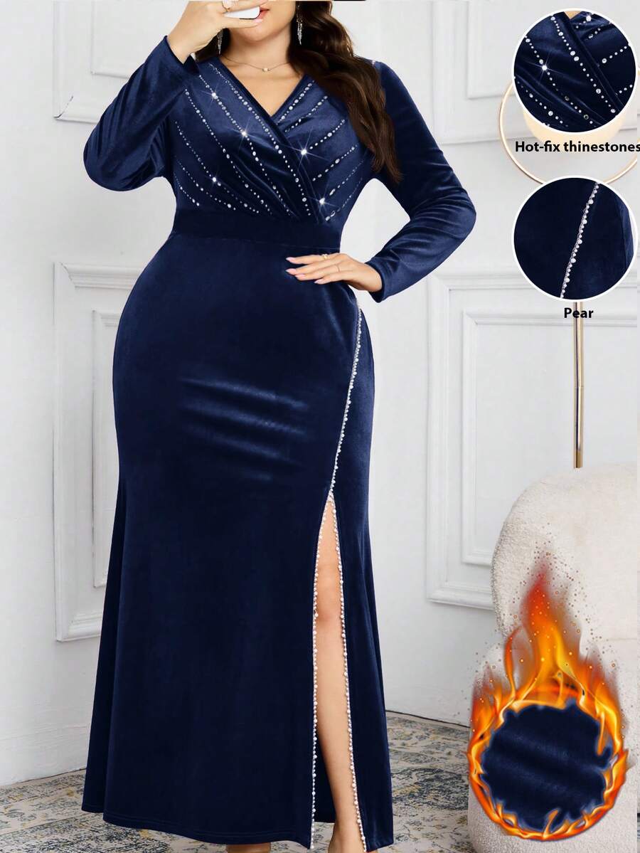 Modelyn Vestido elegante de manga larga con cuello en V, decoración de rhinestones y abertura lateral para mujer de talla grande - Azul Marino - Ver 1