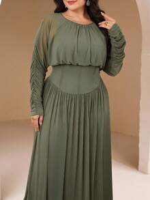 Veilorie Plus Size Solid Color Round Neck Long Sleeve Casual Fishbone Pleated Casual Dress - Olive Green - View 5