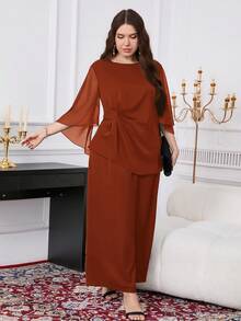 Reflora Plus Size Solid Color Mesh Patchwork Round Neck Top And Wide Leg Pants Elegant 2 Pieces Set - Burnt Orange - View 6