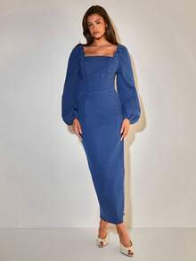 COSMINA Women's Elegant Square Neck Puff Sleeve Bodycon Slit Maxi Denim Dress, Versatile For Commute And Office, Autumn/Winter - Blue - View 1