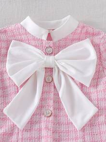 SHEIN 女童格子撞色蝴蝶结装饰长袖连衣裙 - 粉色 - 查看 3