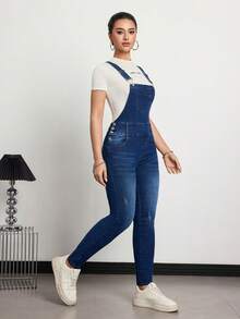 SHEIN Tall Bộ đồ liền thân denim bó sát thường ngày có túi trang trí nút dành cho nữ - Rửa trung bình - Xem 5