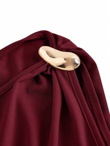 SHEIN MOD 杏色金属扣褶裥不对称修身连衣裙 - 酒紅色 - 查看 3