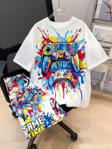 SHEIN Fantacosmos 2pcs Tween Boy Video Game Graphic Short Sleeve T-Shirt & Shorts Set, - White - View 4