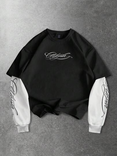 Herren Alltags Langarm T-Shirt mit Kreuz- und Englisch-Muster Patchwork