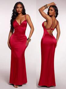 Radiana 女士性感优雅红色缎面露背吊带连衣裙，修身飘逸下摆吊带长裙，适合约会、正式场合、派对、生日、舞会、婚礼、度假、海滩等场合。 - 紅色 - 查看 2