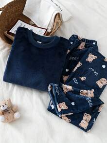 Two Piece Sleep Set Soft Pajamas Set Kids Pajama Set 2-Piece Set - Navy Brown Bear Pajamas Temperature Color Change Bear Heart Print Crew Neck Design Navy Brown Classic Bear Color Warm Fleece Fabric Long Sleeve Crew Neck Top Cuffed Pants Bear Heart Combo Social Media Style Classic Bear Spring Summer Autumn Winter Holiday Essential Tween Girls Pajama Set, - Multicolor - View 6