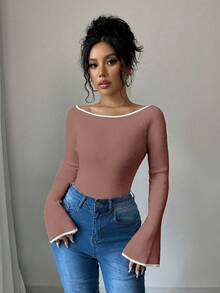 EURMUSE Áo len dài tay cổ tròn viền màu ôm sát tay loe cho nữ - Bụi hồng - Xem 3