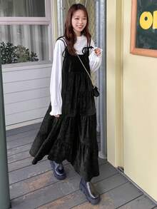 FRIFUL Women's Bow Tie Strap Corduroy A-Line Sleeveless Casual Long Dress - Dark Grey - View 3