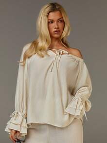 Athîral Women's Light Beige Boho Set,Autumn Vacation Holiday Elegant Textured Woven Off-Shoulder Ruffle Top&Trousers,One-Shoulder Peasant Blouse Spring Outfit - Beige - View 4