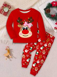 SHEIN Conjunto de pijama de top de manga larga y pantalones de ajuste cómodo y minimalista casual con diseño de reno, campana, bastón de caramelo, copo de nieve, hombre de jengibre y pingüino de Navidad en rojo festivo, adecuado para otoño/invierno, para niña bebé - Multicolor - Ver 2