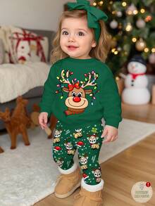 Baby Girl Christmas Outfit,Cute Modest Dark Green Autumn Reindeer Snowflake Fair Isle Knit Sweatshirt And Leggings Set For Matching Family Festive - Multicolor - View 1
