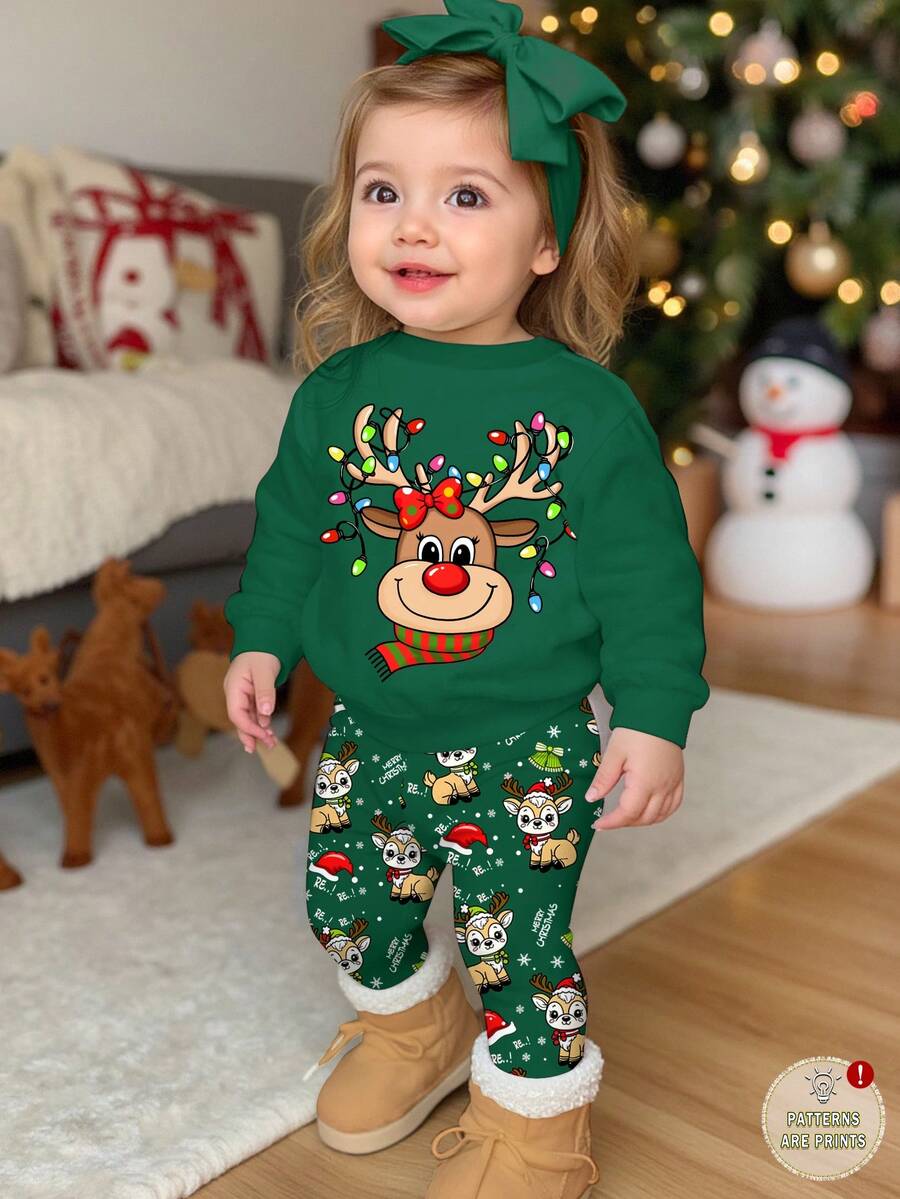 Baby Girl Christmas Outfit,Cute Modest Dark Green Autumn Reindeer Snowflake Fair Isle Knit Sweatshirt And Leggings Set For Matching Family Festive - Multicolor - View 1