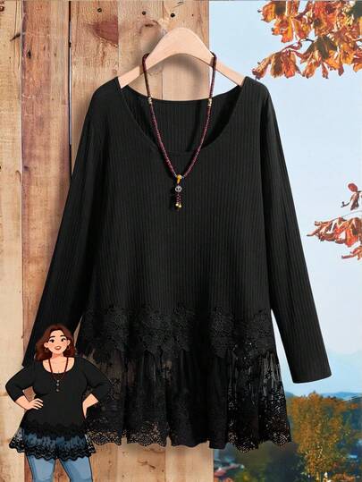 Rusticease 大码女式秋季乡村休闲度假圆领长袖黑色蕾丝刺绣拼接下摆T恤上衣，秋冬季，外出，2025新款，简约时尚，适合日常穿着，冬季，舒适透气，蕾丝边饰上衣，圣诞节，新年